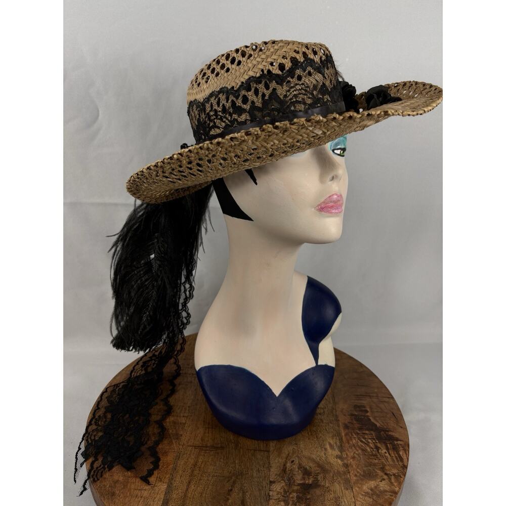 Vintage Paul Harris Co Straw Sun Hat 14” Wide Brim Black Lace Feather